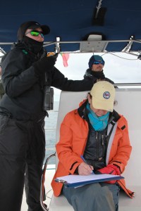 Carol and Camila recording blow rates of sperm whales