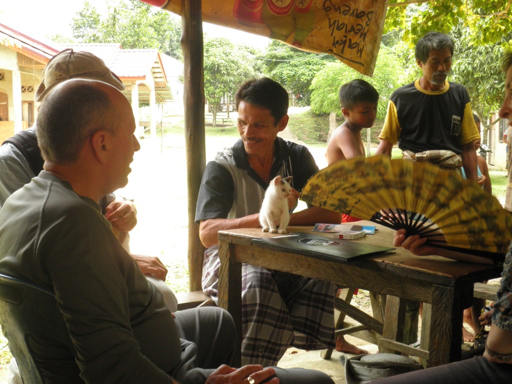 Martyn (foreground left) asking local people about tigers in Sumatra 2025