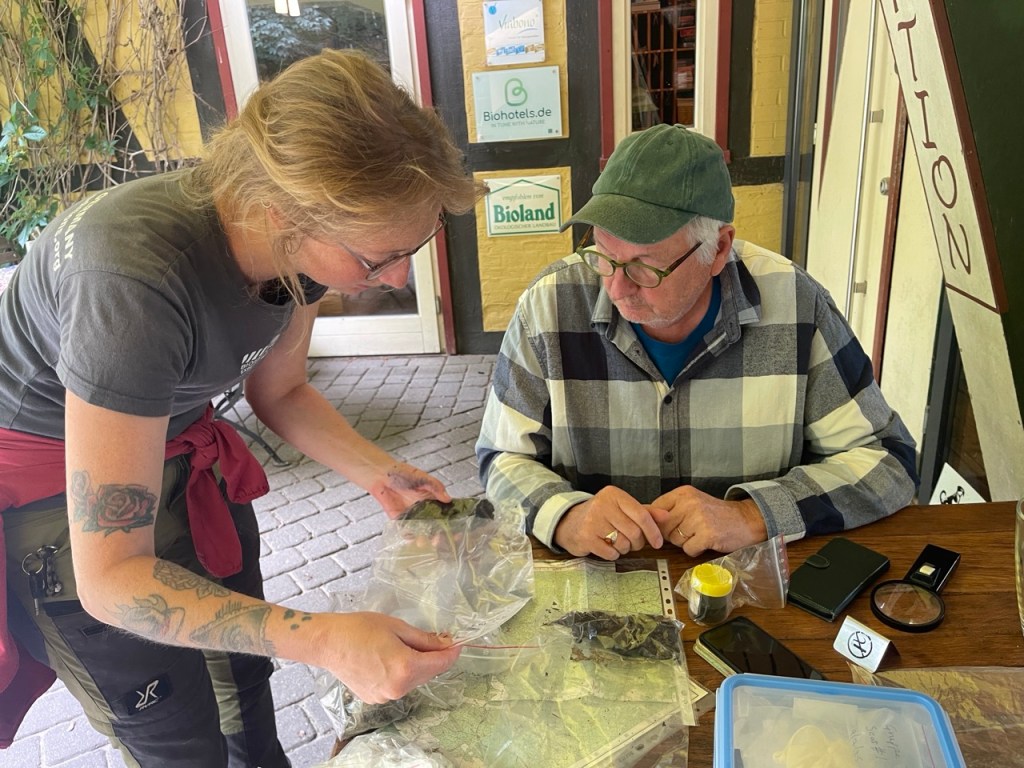 Two people looking at bagged wolf scat samples.